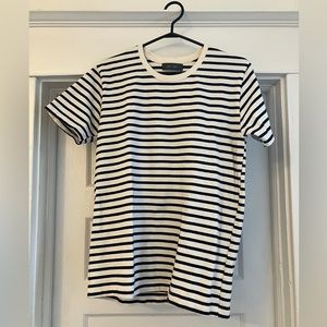 Oak + Fort, striped, short sleeved, crewneck sweater, cream and navy